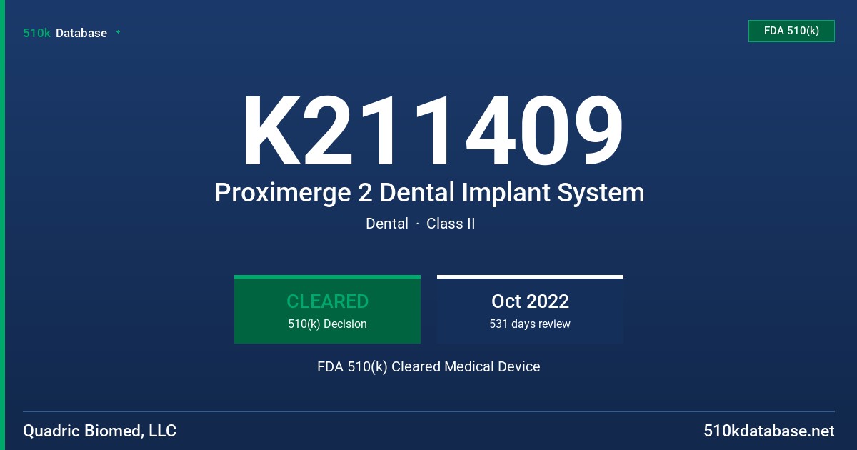 K211409 Proximerge 2 Dental Implant System FDA 510(k) Cleared Medical Device