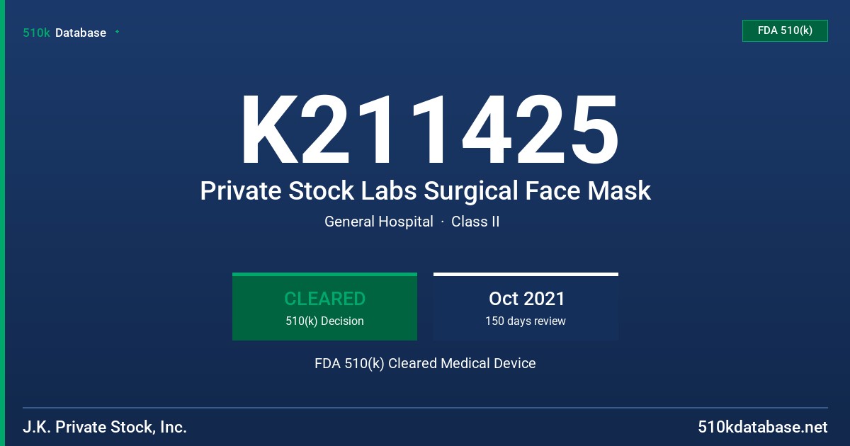 K211425 Private Stock Labs Surgical Face Mask FDA 510(k) Cleared Medical Device