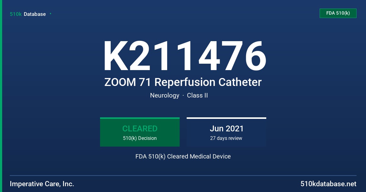 K211476 ZOOM 71 Reperfusion Catheter FDA 510(k) Cleared Medical Device