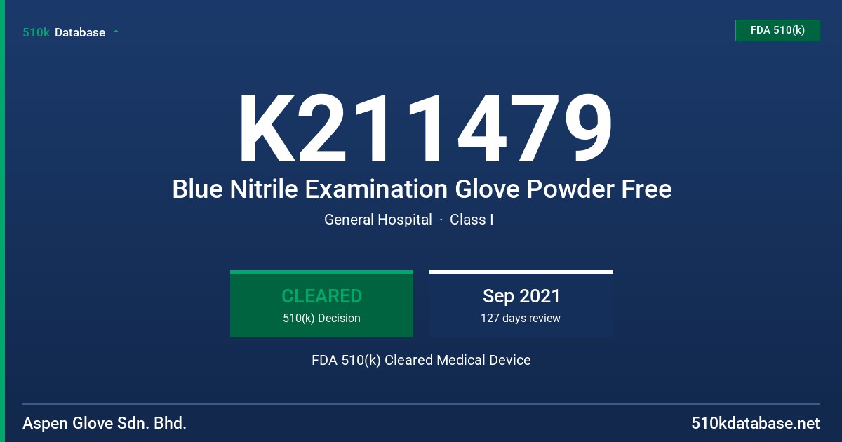 K211479 Blue Nitrile Examination Glove Powder Free FDA 510(k) Cleared Medical Device