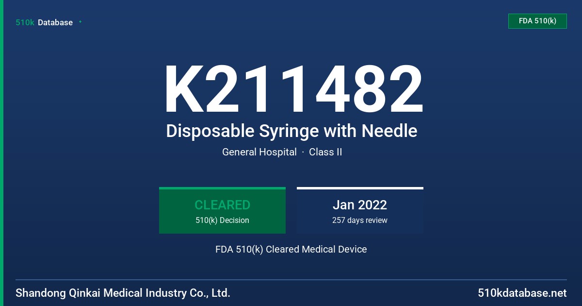 K211482 Disposable Syringe with Needle FDA 510(k) Cleared Medical Device