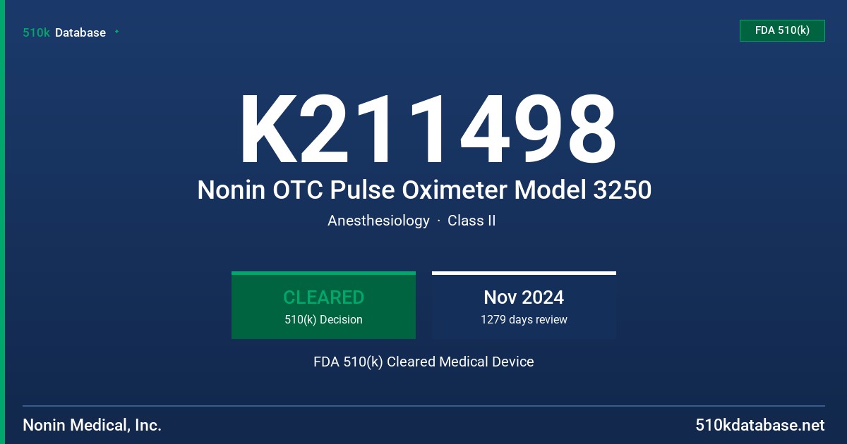 K211498 Nonin OTC Pulse Oximeter Model 3250 FDA 510(k) Cleared Medical Device
