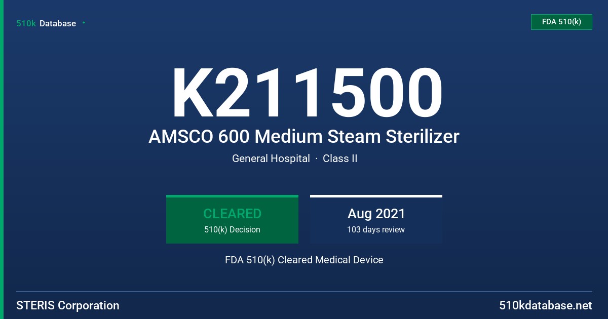 K211500 AMSCO 600 Medium Steam Sterilizer FDA 510(k) Cleared Medical Device