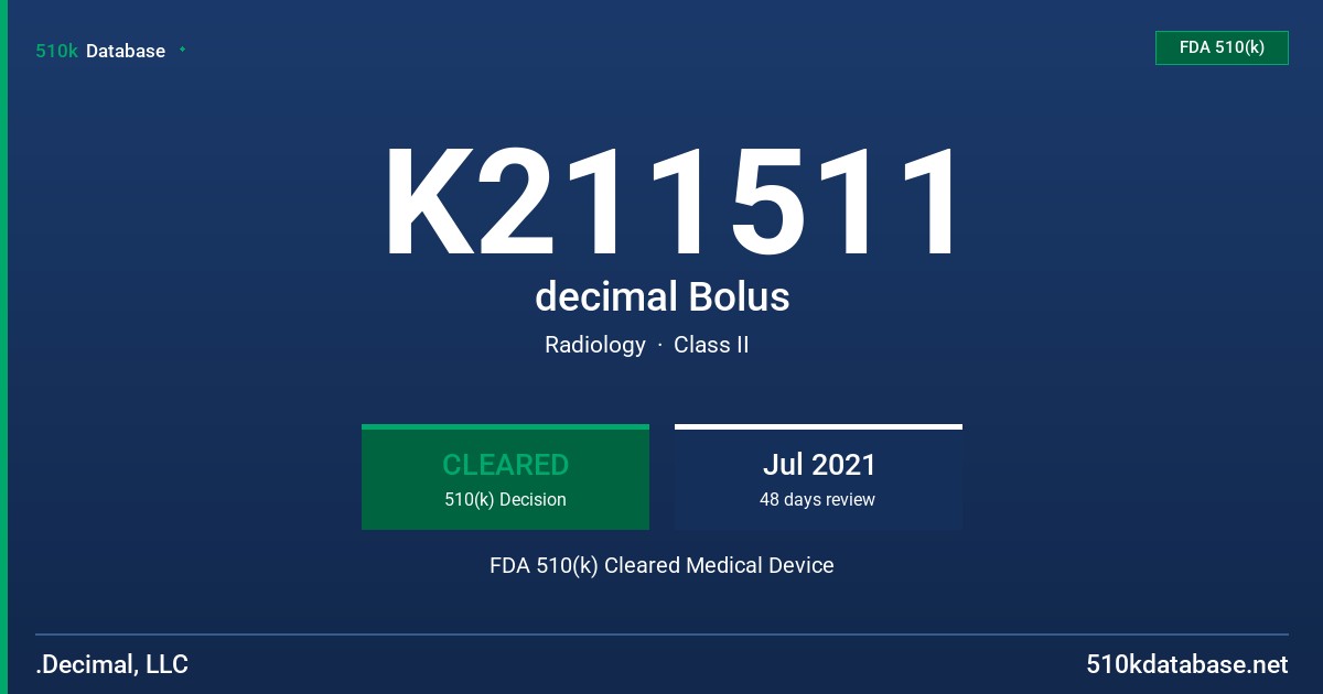 K211511 decimal Bolus FDA 510(k) Cleared Medical Device