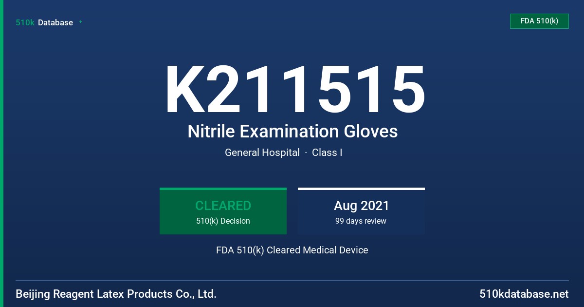 K211515 Nitrile Examination Gloves FDA 510(k) Cleared Medical Device