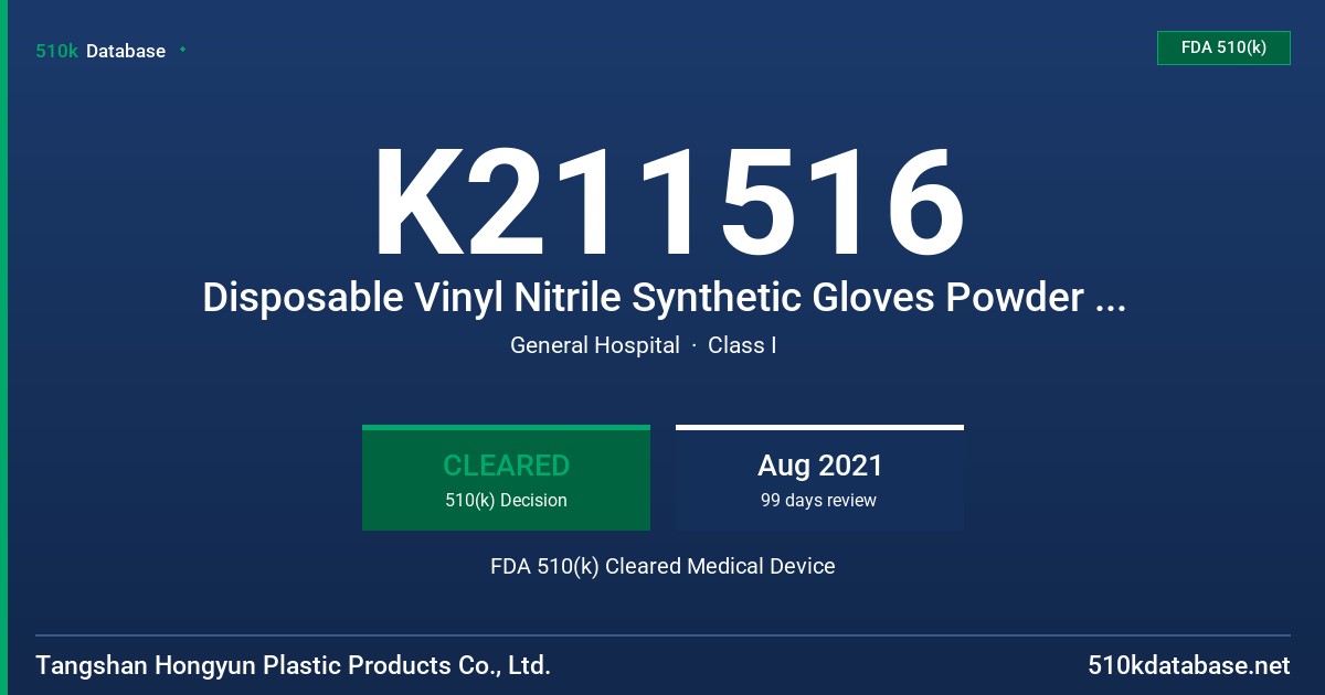 K211516 Disposable Vinyl Nitrile Synthetic Gloves Powder Free FDA 510(k) Cleared Medical Device