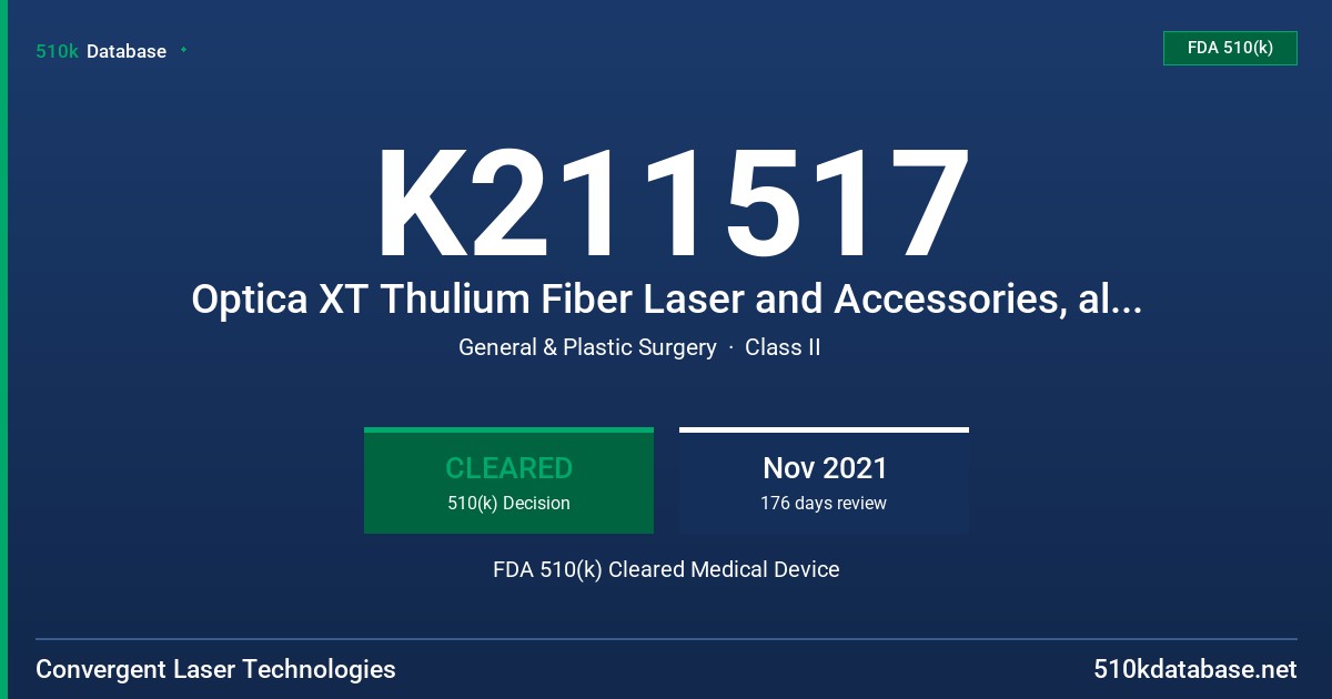 K211517 Optica XT Thulium Fiber Laser and Accessories, also known as Optica XT, Optica XT Thulium Fiber Laser, Thulium Fiber Laser 1940 nm, Optica XT Thulium Fiber Laser 1940 nm, Optica XT 60 Thulium Fiber Laser 1940 nm, Optica XT Superpulse Thulium Fiber Laser 1940 nm, OptiLITE Laser Fibers and Accessories FDA 510(k) Cleared Medical Device