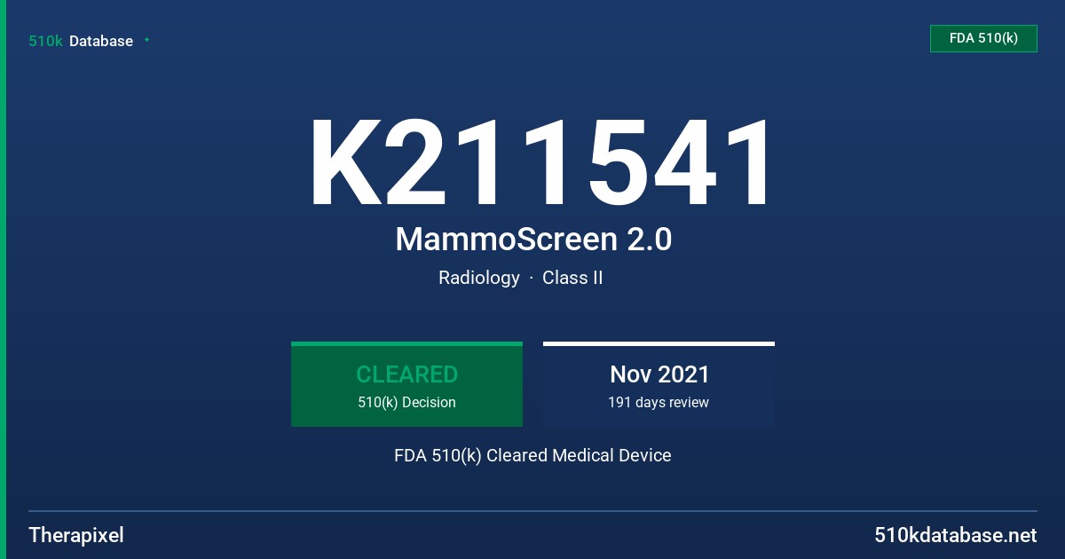 K211541 MammoScreen 2.0 FDA 510(k) Cleared Medical Device