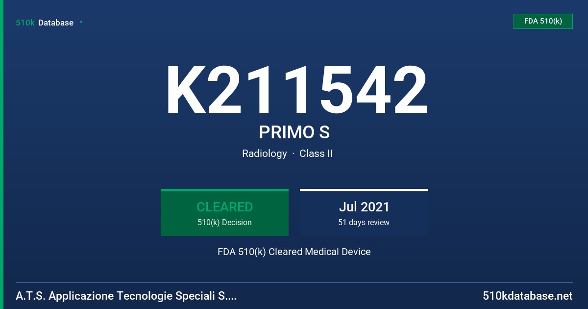 K211542 PRIMO S FDA 510(k) Cleared Medical Device