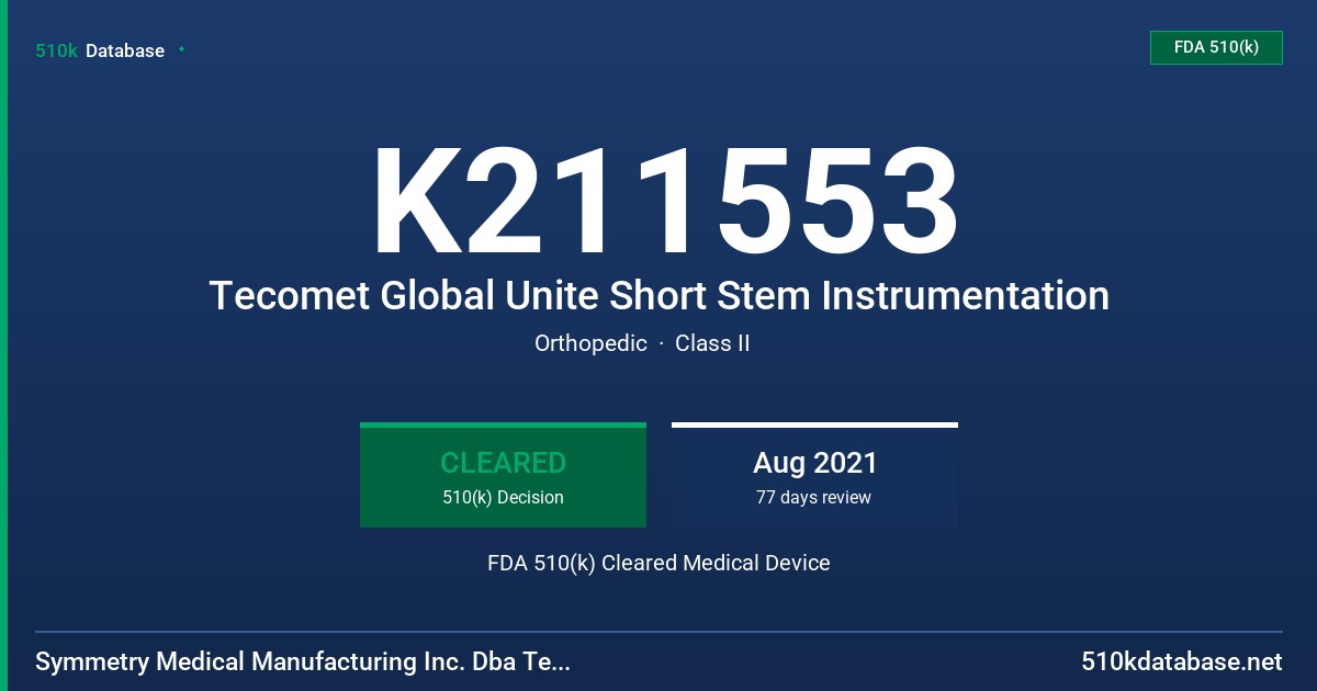 K211553 Tecomet Global Unite Short Stem Instrumentation FDA 510(k) Cleared Medical Device