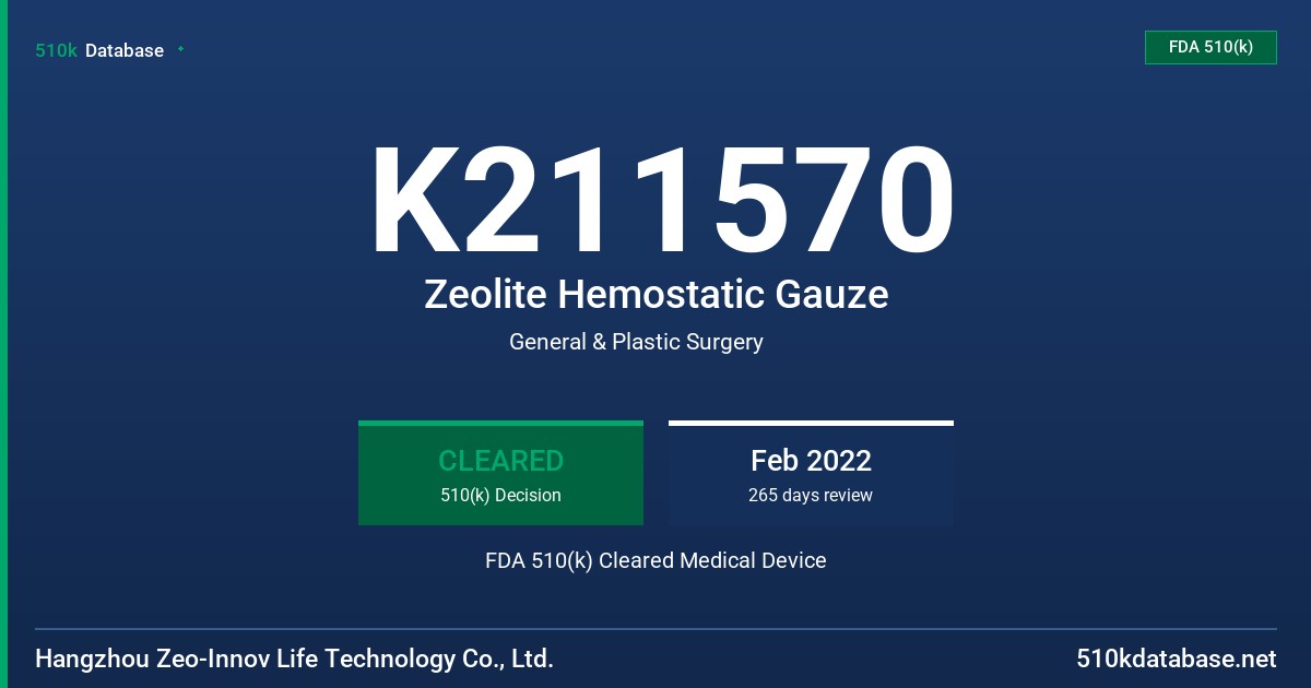 K211570 Zeolite Hemostatic Gauze FDA 510(k) Cleared Medical Device