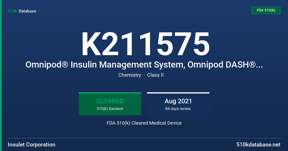 K211575 Omnipod® Insulin Management System, Omnipod DASH® Insulin Management System FDA 510(k) Cleared Medical Device