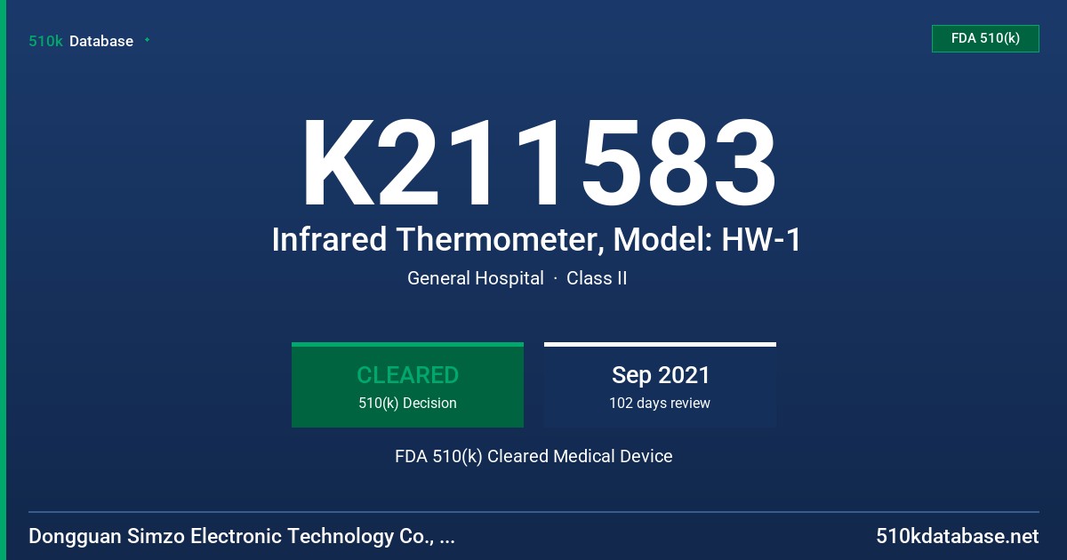 K211583 Infrared Thermometer, Model: HW-1 FDA 510(k) Cleared Medical Device