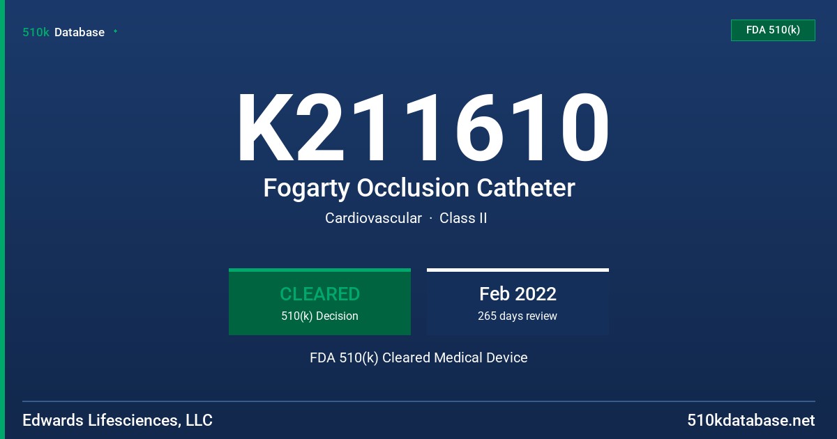 K211610 Fogarty Occlusion Catheter FDA 510(k) Cleared Medical Device