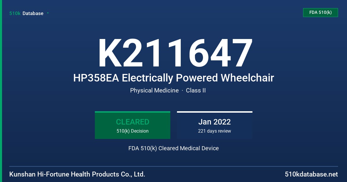 K211647 HP358EA Electrically Powered Wheelchair FDA 510(k) Cleared Medical Device