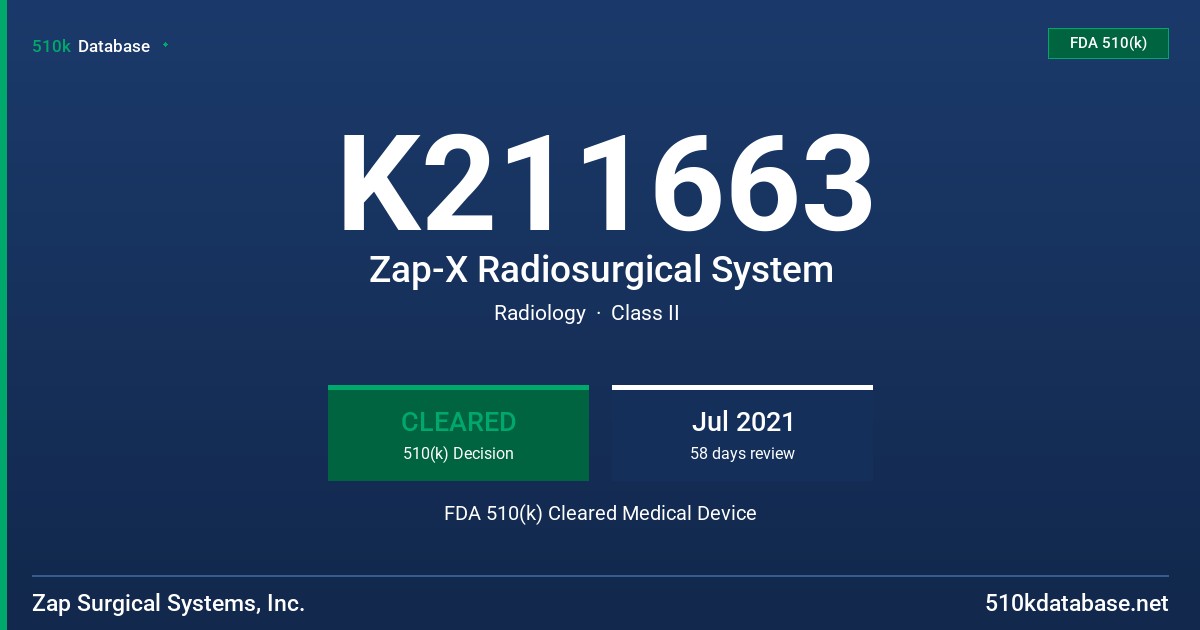 K211663 Zap-X Radiosurgical System FDA 510(k) Cleared Medical Device