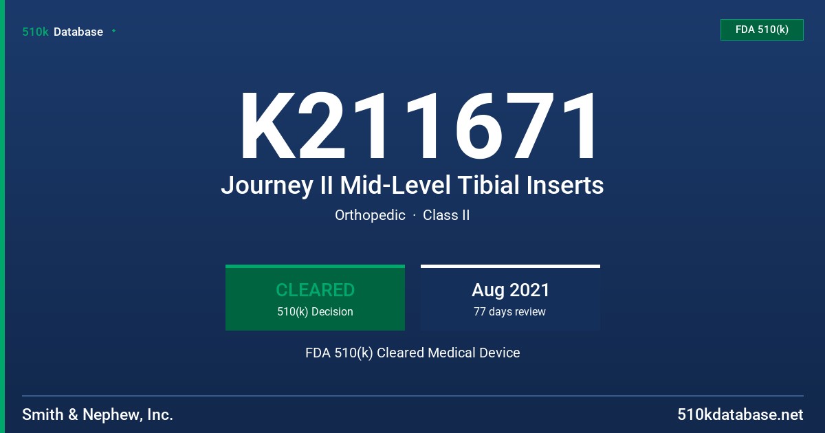 K211671 Journey II Mid-Level Tibial Inserts FDA 510(k) Cleared Medical Device