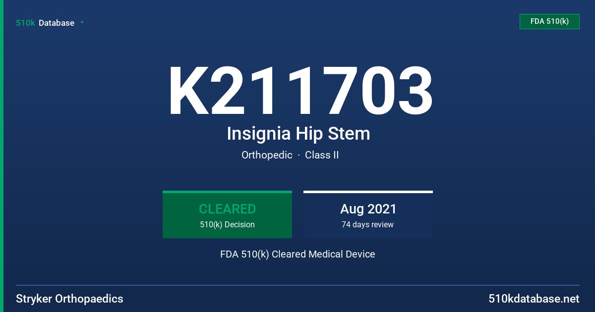 K211703 Insignia Hip Stem FDA 510(k) Cleared Medical Device