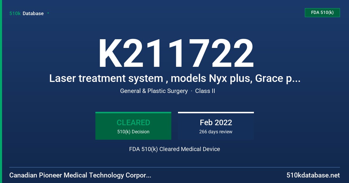 K211722 Laser treatment system , models Nyx plus, Grace plus, Nemesis, Ares FDA 510(k) Cleared Medical Device