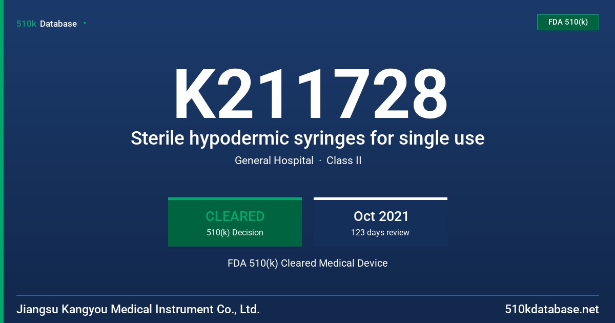 K211728 Sterile hypodermic syringes for single use FDA 510(k) Cleared Medical Device