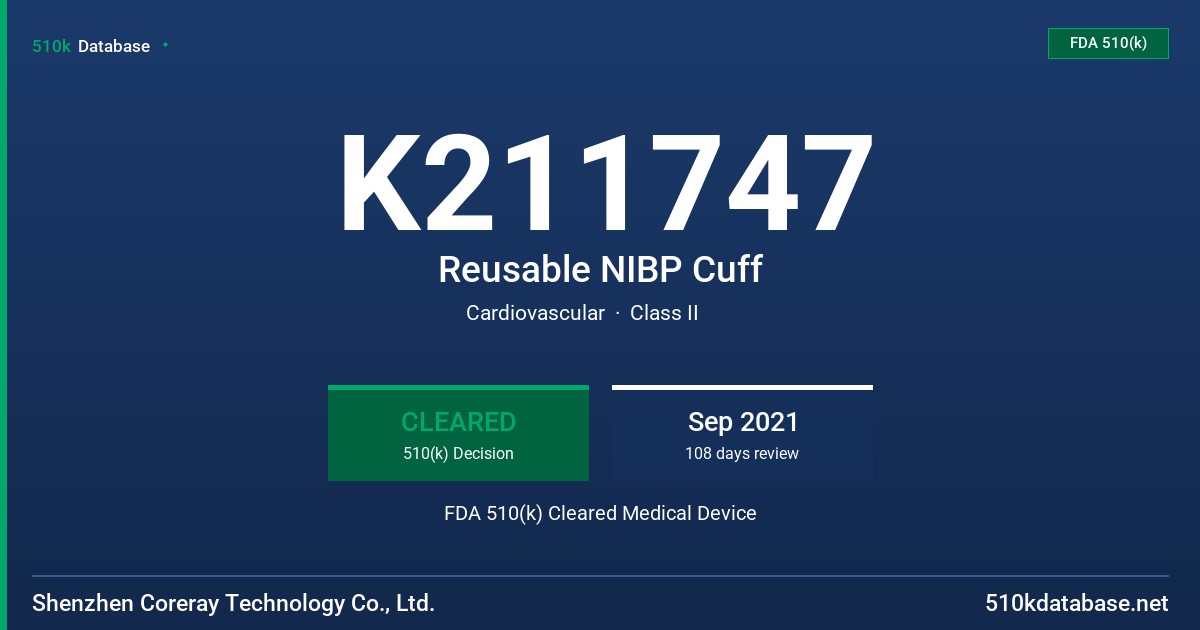 K211747 Reusable NIBP Cuff FDA 510(k) Cleared Medical Device