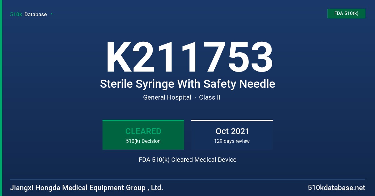 K211753 Sterile Syringe With Safety Needle FDA 510(k) Cleared Medical Device