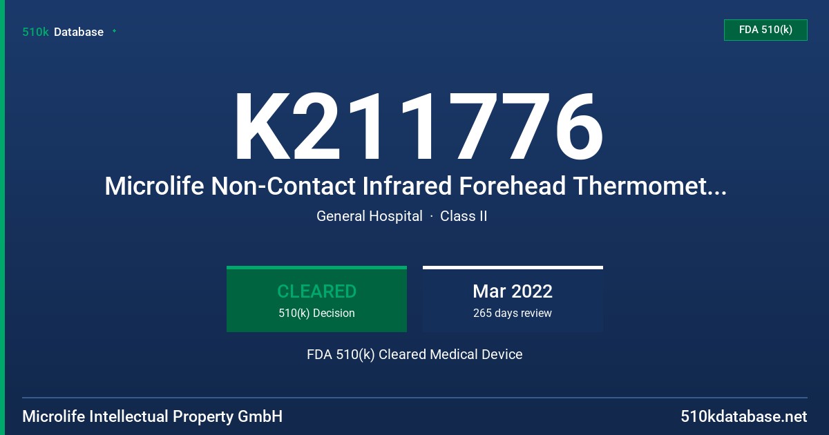 K211776 Microlife Non-Contact Infrared Forehead Thermometer, Model FR1MF1-B (NC150 BT) FDA 510(k) Cleared Medical Device