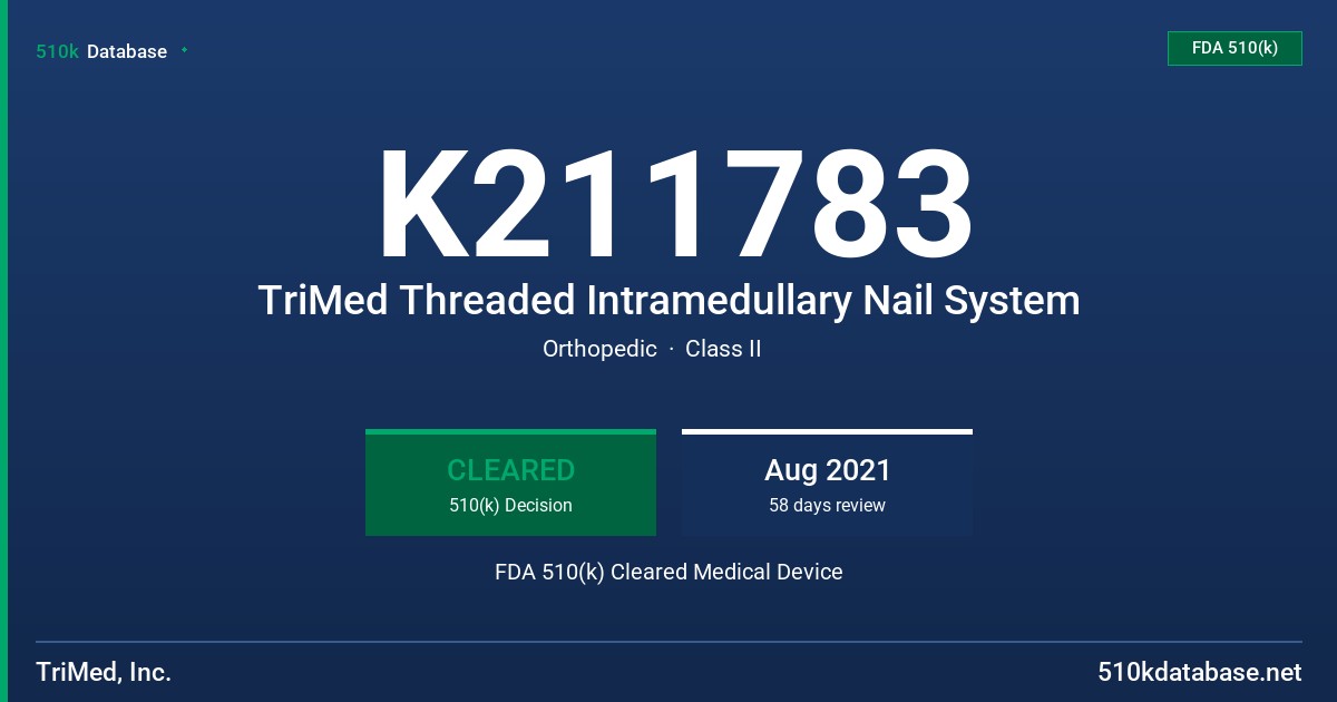 K211783 TriMed Threaded Intramedullary Nail System FDA 510(k) Cleared Medical Device