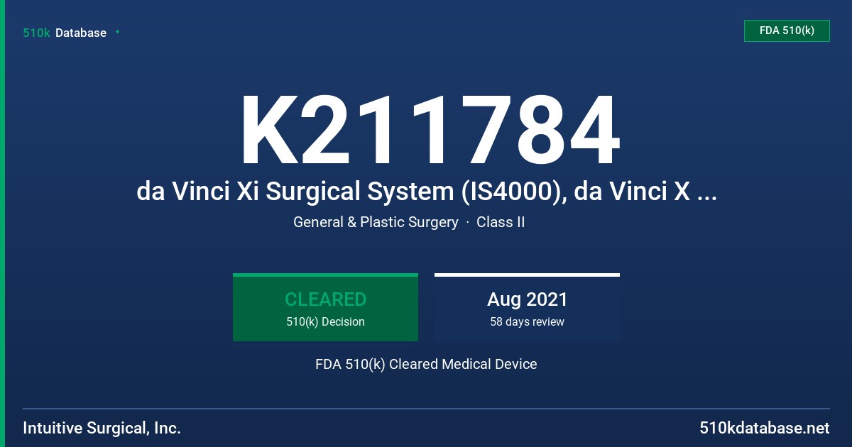 K211784 da Vinci Xi Surgical System (IS4000), da Vinci X Surgical System (IS4200) FDA 510(k) Cleared Medical Device