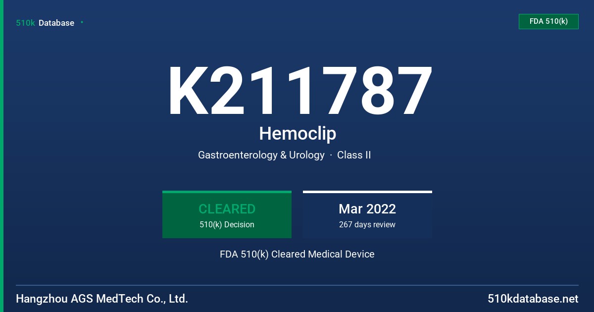 K211787 Hemoclip FDA 510(k) Cleared Medical Device