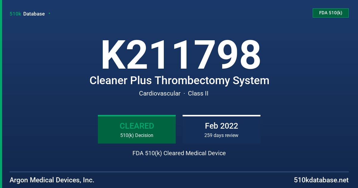 K211798 Cleaner Plus Thrombectomy System FDA 510(k) Cleared Medical Device