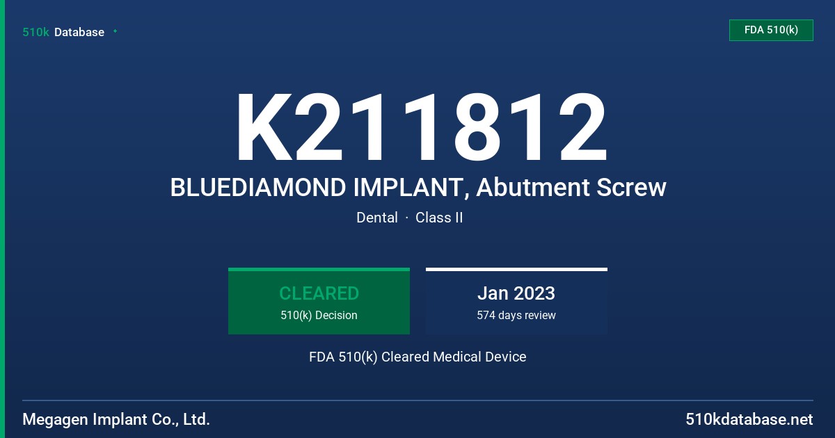 K211812 BLUEDIAMOND IMPLANT, Abutment Screw FDA 510(k) Cleared Medical Device