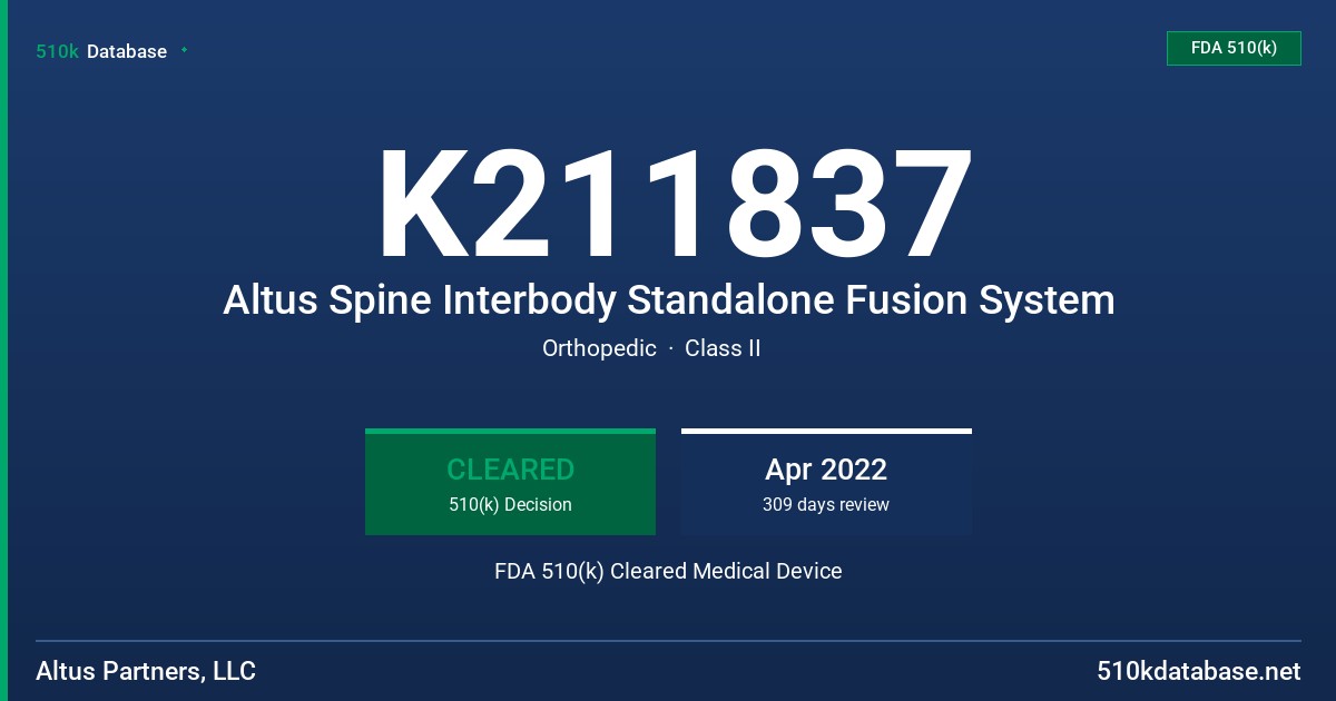 K211837 Altus Spine Interbody Standalone Fusion System FDA 510(k) Cleared Medical Device
