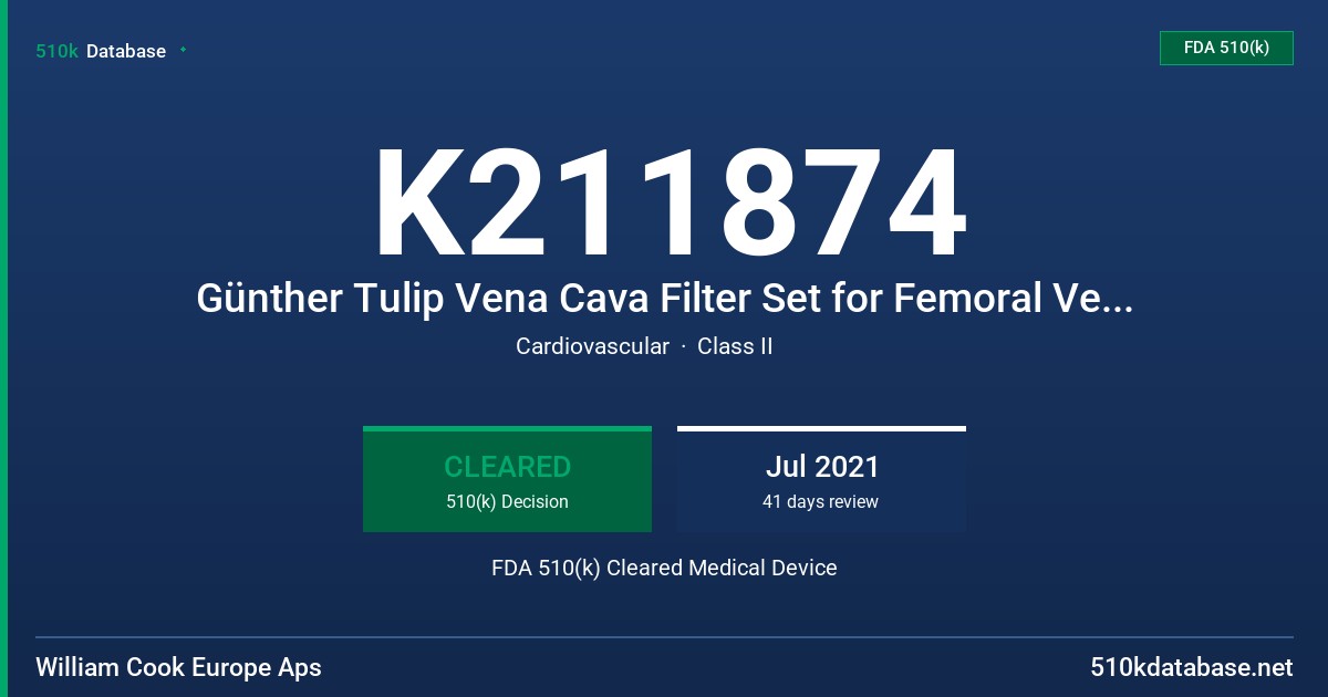K211874 Günther Tulip Vena Cava Filter Set for Femoral Vein Approach, Günther Tulip Vena Cava Filter Set for Jugular Vein Approach, Günther Tulip Vena Cava Filter Set for Femoral and Jugular Vein Approach FDA 510(k) Cleared Medical Device