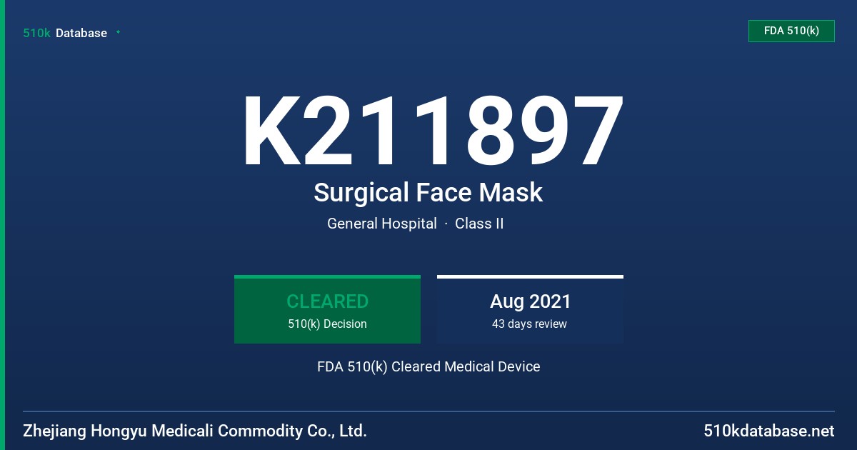 K211897 Surgical Face Mask FDA 510(k) Cleared Medical Device