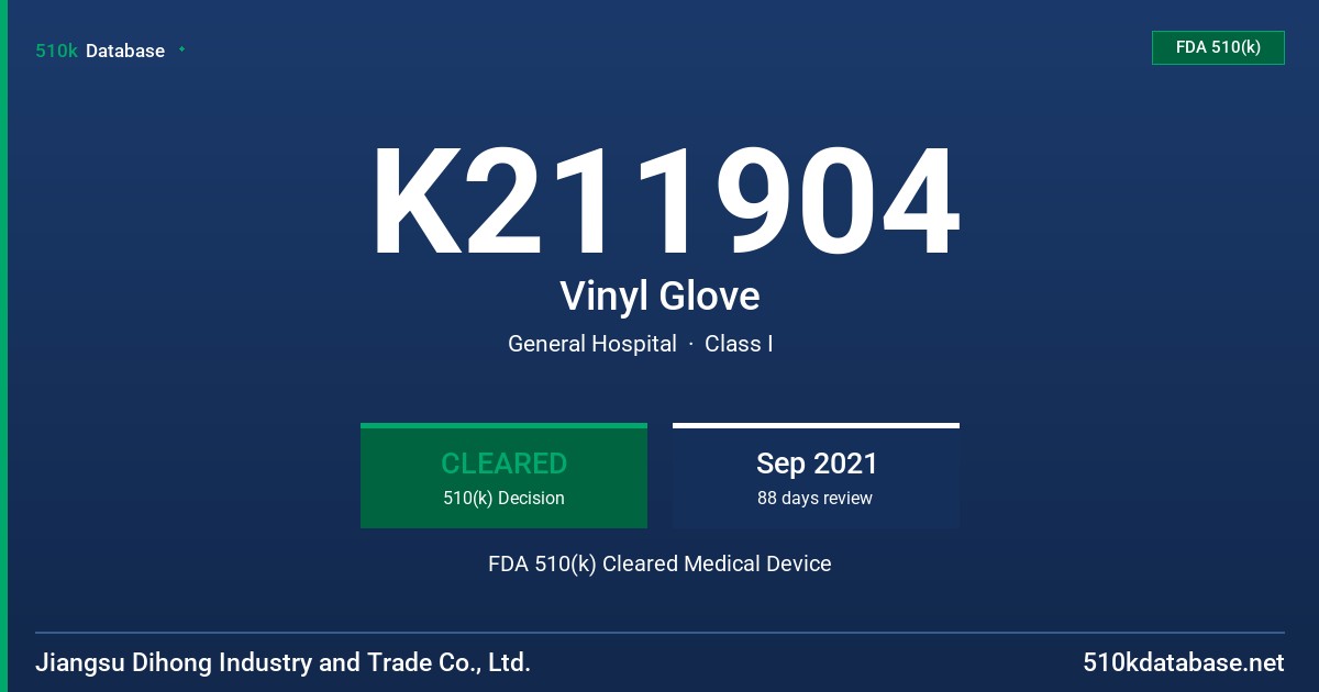 K211904 Vinyl Glove FDA 510(k) Cleared Medical Device