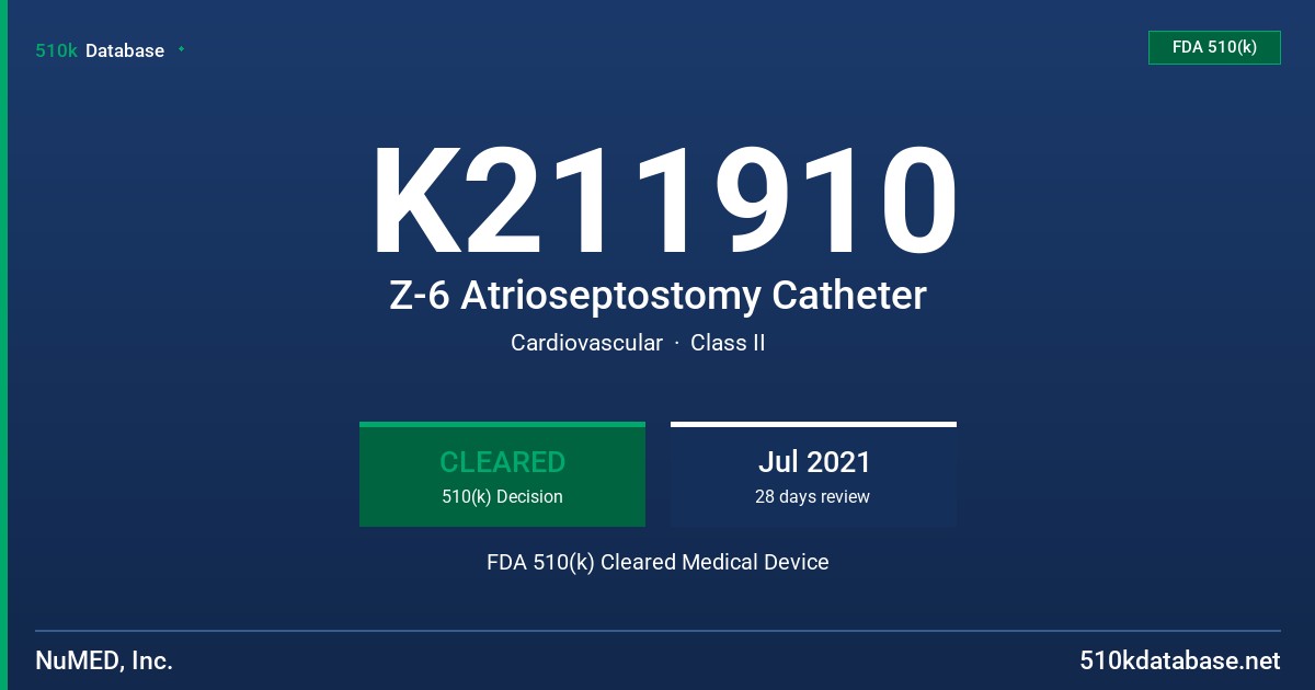 K211910 Z-6 Atrioseptostomy Catheter FDA 510(k) Cleared Medical Device