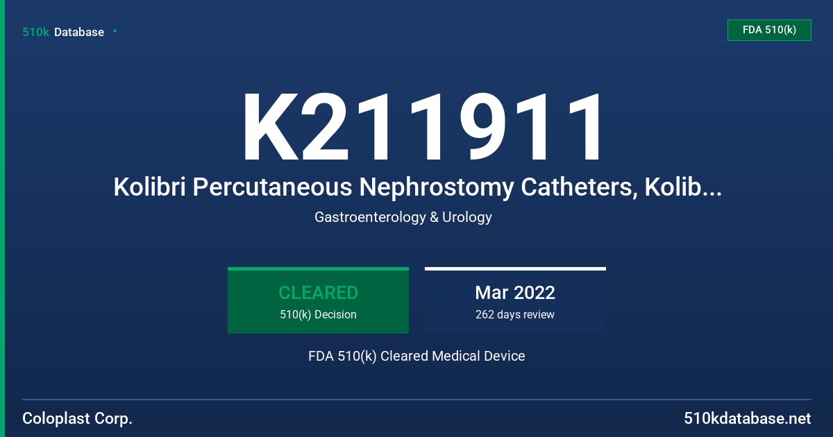 K211911 Kolibri Percutaneous Nephrostomy Catheters, Kolibri Percutaneous Nephrostomy Kits, Kolibri Direct Puncture Sets FDA 510(k) Cleared Medical Device