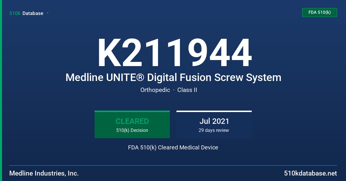 K211944 Medline UNITE® Digital Fusion Screw System FDA 510(k) Cleared Medical Device