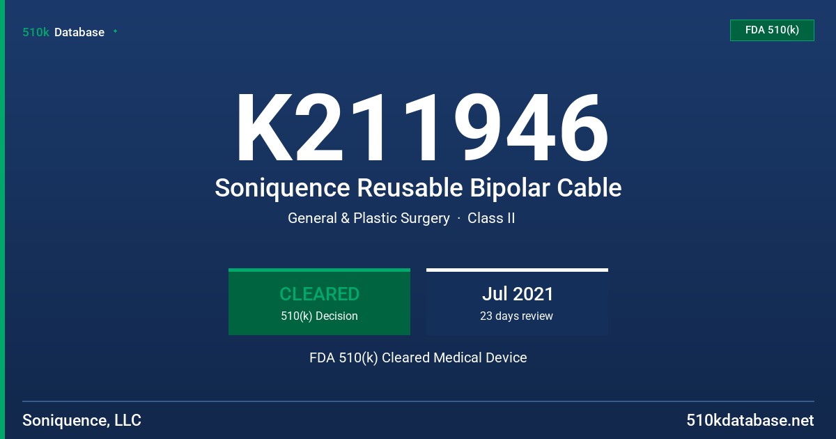 K211946 Soniquence Reusable Bipolar Cable FDA 510(k) Cleared Medical Device