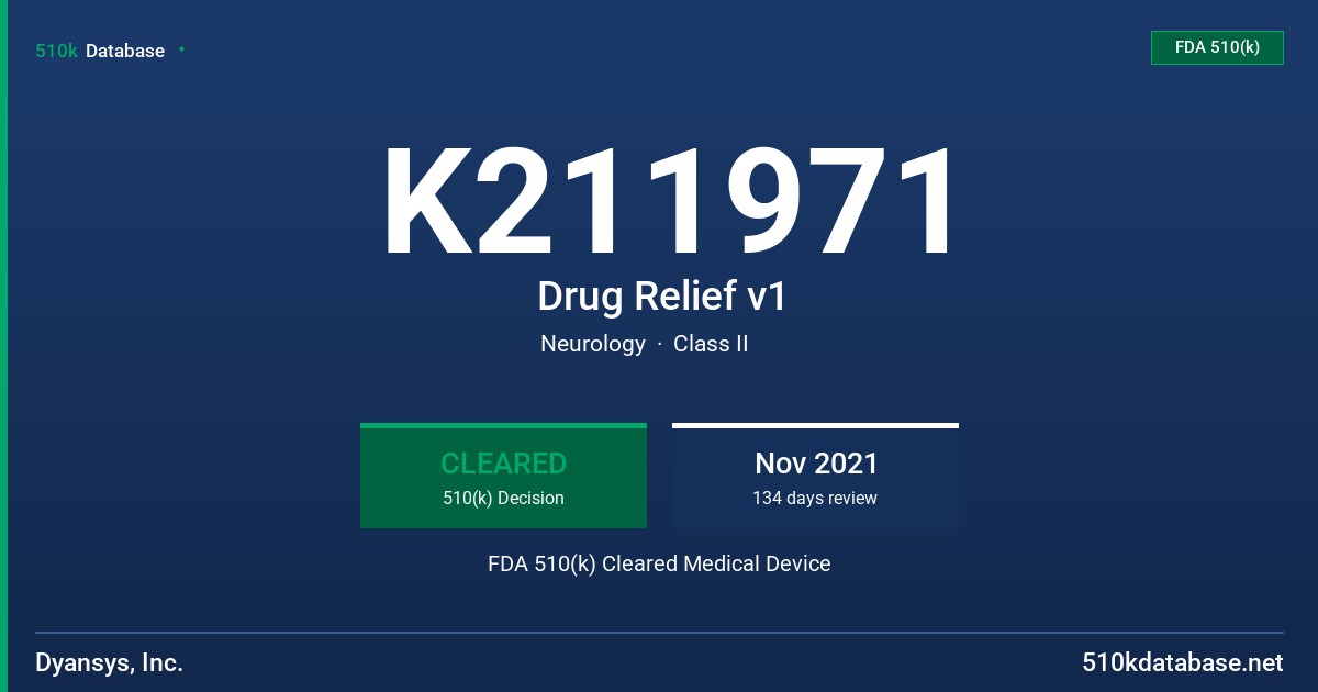 K211971 Drug Relief v1 FDA 510(k) Cleared Medical Device
