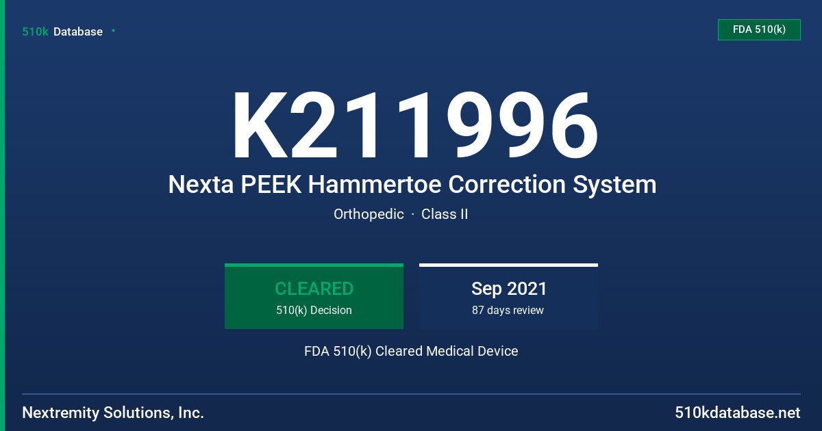 K211996 Nexta PEEK Hammertoe Correction System FDA 510(k) Cleared Medical Device