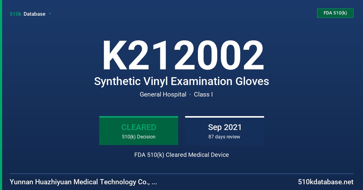 K212002 Synthetic Vinyl Examination Gloves FDA 510(k) Cleared Medical Device