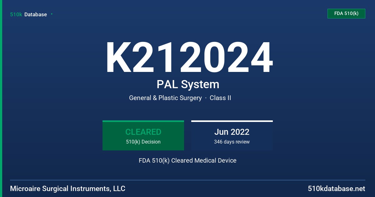 K212024 PAL System FDA 510(k) Cleared Medical Device