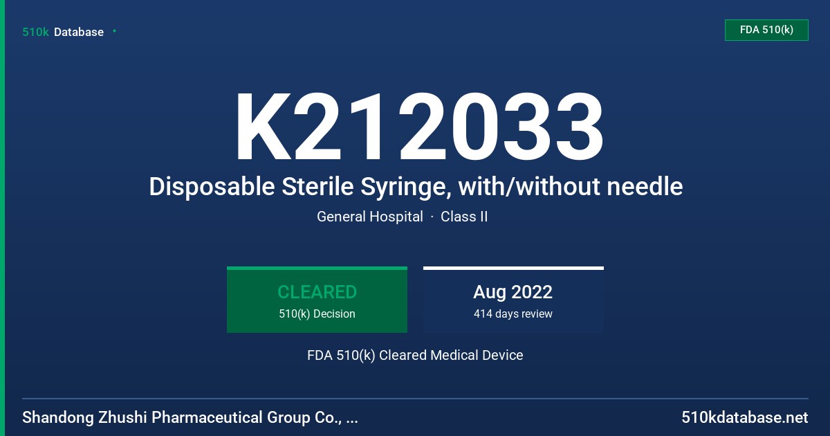 K212033 Disposable Sterile Syringe, with/without needle FDA 510(k) Cleared Medical Device