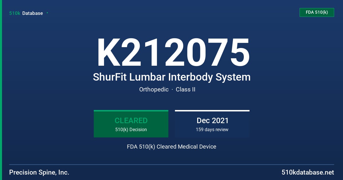 K212075 ShurFit Lumbar Interbody System FDA 510(k) Cleared Medical Device