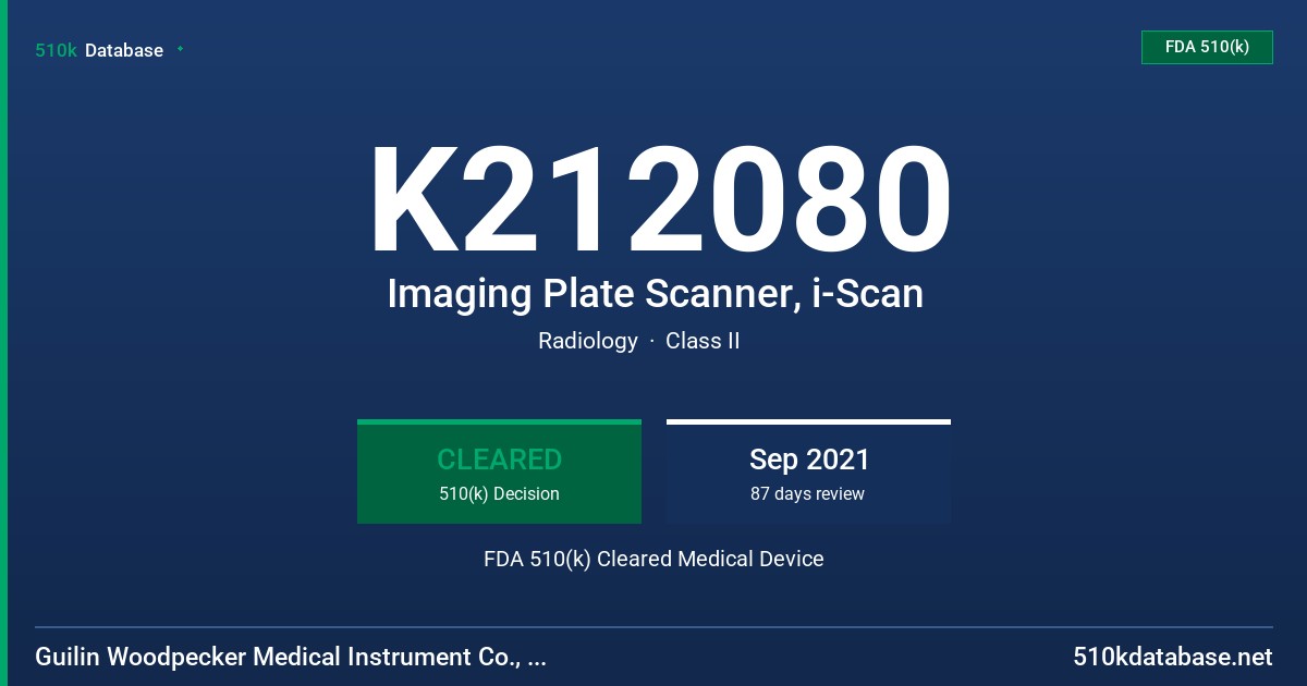 K212080 Imaging Plate Scanner, i-Scan FDA 510(k) Cleared Medical Device