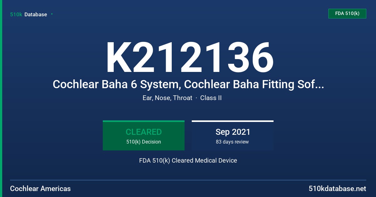 K212136 Cochlear Baha 6 System, Cochlear Baha Fitting Software 6, Cochlear Baha Baha Smart App FDA 510(k) Cleared Medical Device