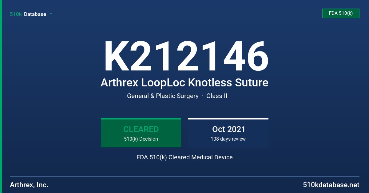 K212146 Arthrex LoopLoc Knotless Suture FDA 510(k) Cleared Medical Device