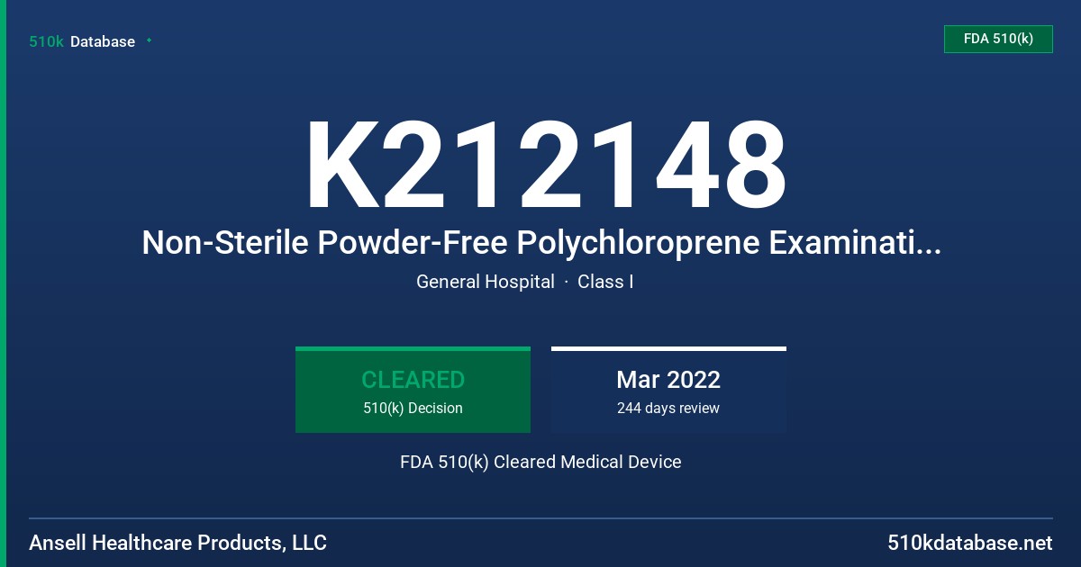 K212148 Non-Sterile Powder-Free Polychloroprene Examination Glove (Blue) Tested for Use with Chemotherapy Drugs FDA 510(k) Cleared Medical Device
